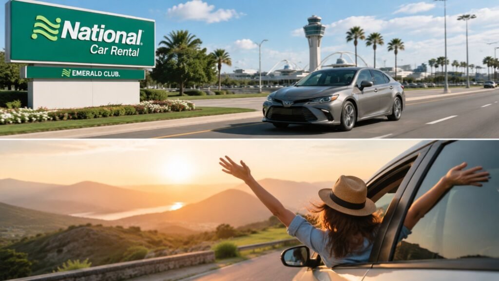 Hero image for National Car Rental showing a sleek sedan driving past a National Car Rental sign at an airport location with sunny weather.