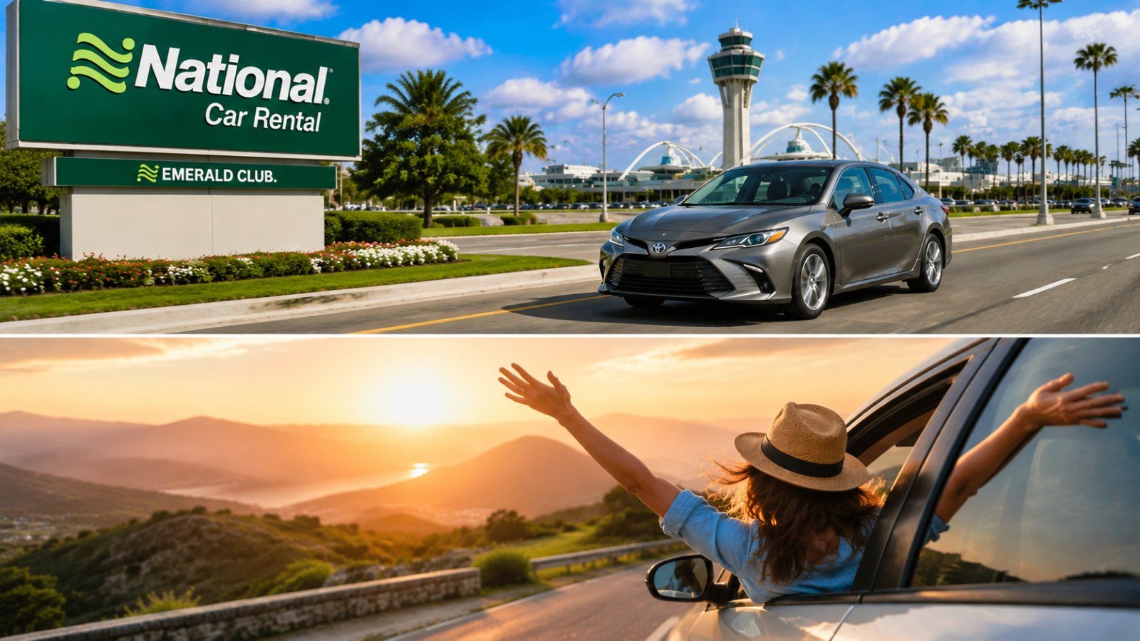 National Car Rental: How to Book a Rental Car on NationalCar.com Supporting image for National Car Rental showing a person enjoying a scenic sunset road trip, leaning out of a car window surrounded by mountains and water.