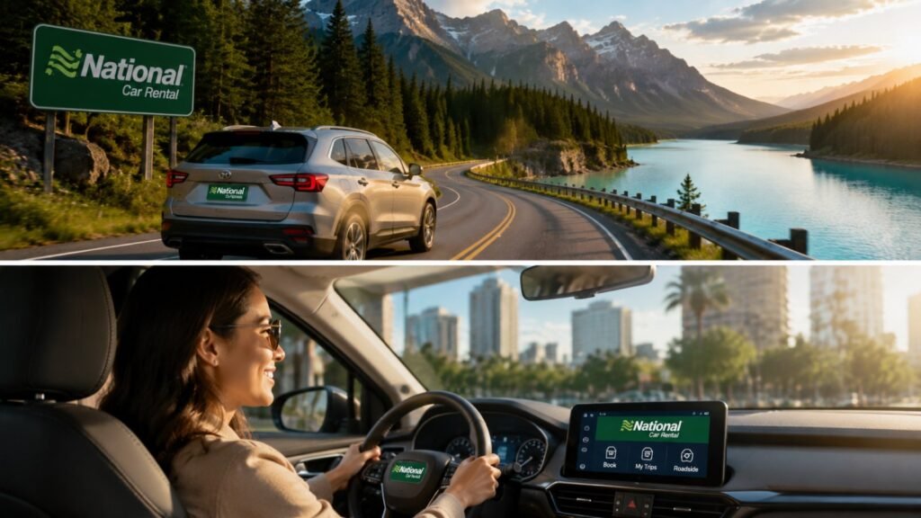 National Car Rental review: Silver SUV driving along a scenic lakeside mountain road with driver heading toward a bustling city, highlighting convenience and variety.