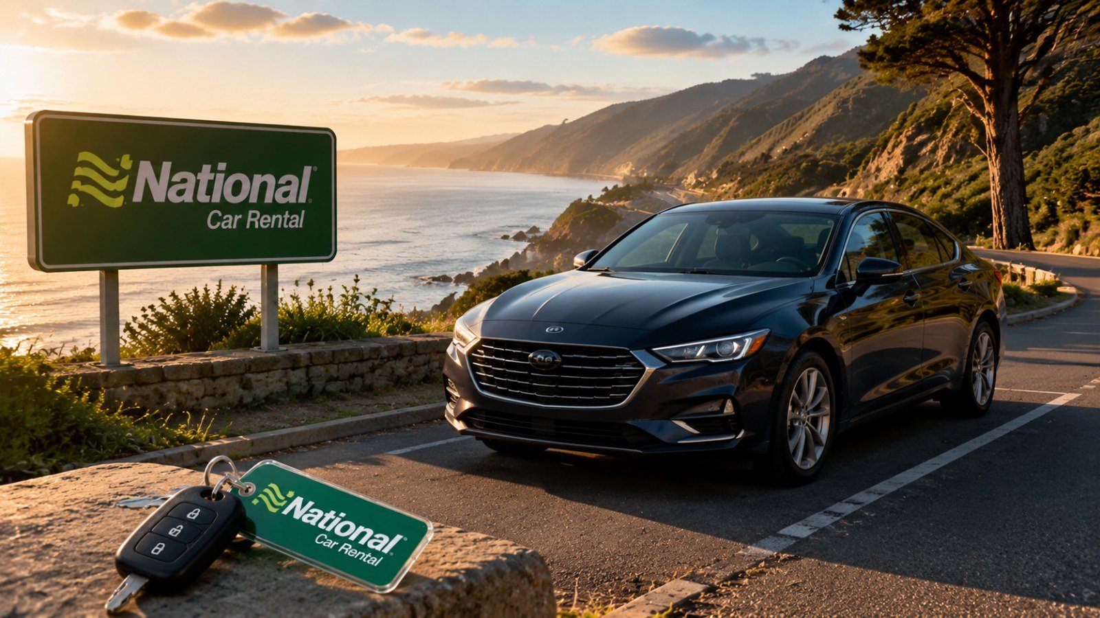 National Car Rental Review 2026 – Pricing, Vehicles & Booking Tips National Car Rental review: Dark sedan parked along a picturesque coastal road at golden hour with keys in the foreground, showcasing rental experience and serene scenery.